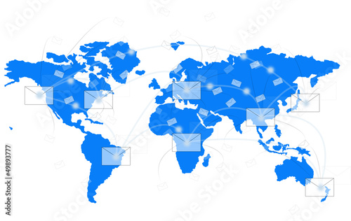 white envelope on blue world map