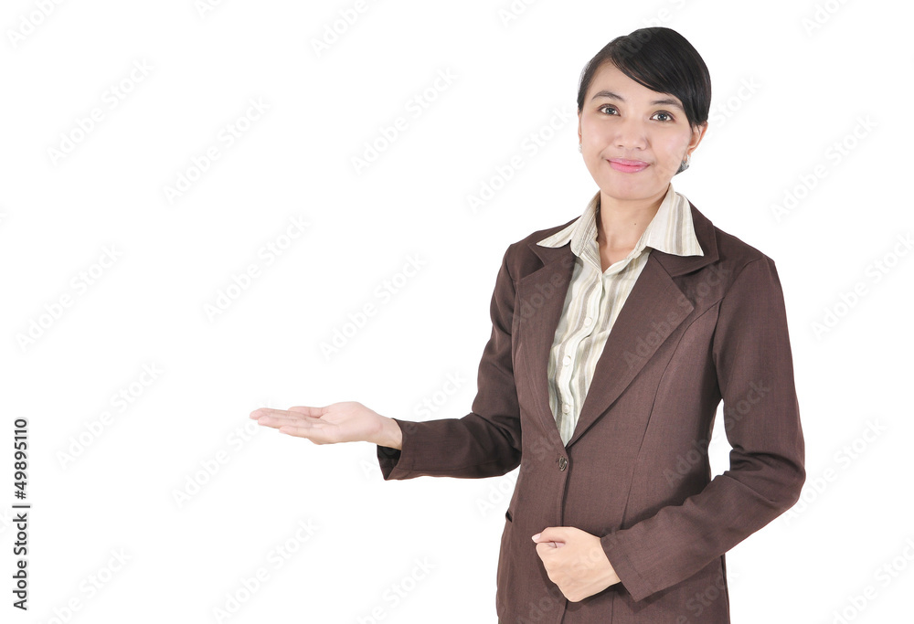 Young businesswoman smiling with her arms open isolated on white Young businesswoman smiling with her arms open isolated on white