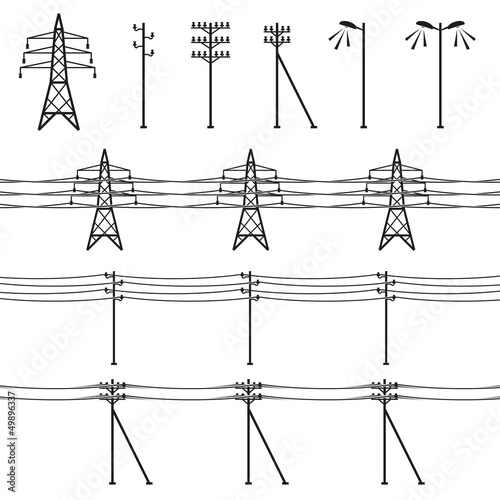 High voltage power lines. Electricity pylon silhouette. Vector