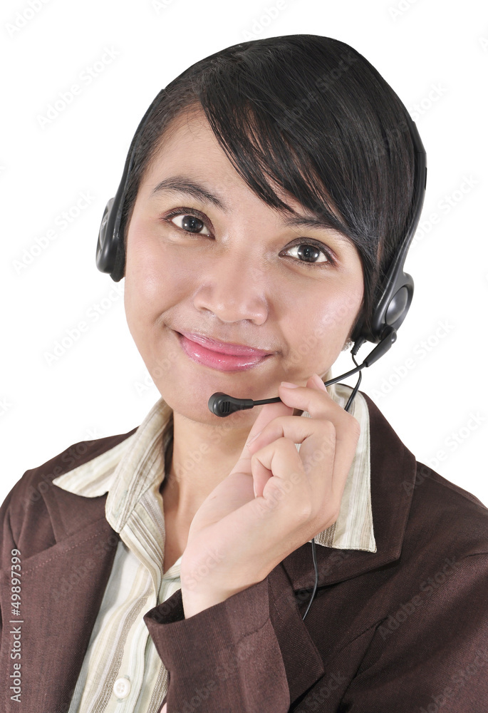 Closeup of a smiling customer service girl, isolated on white Closeup of a smiling customer service girl, isolated on white