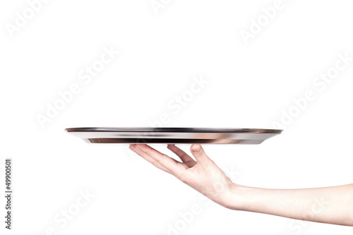 woman holding empty silver tray