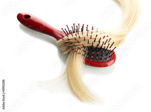 comb brush with hair  isolated on white