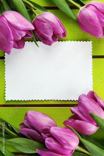 Fototapeta Naklejka Na Ścianę i Meble -  Beautiful bouquet of purple tulips and blank card