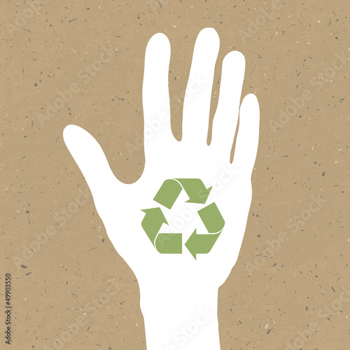 Reuse sign on hand silhouette on recycled paper. Vector, EPS10