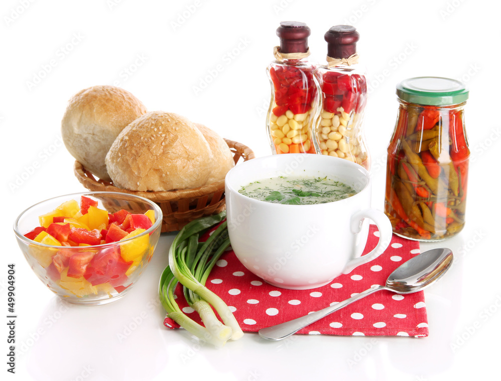 Fragrant soup in cup isolated on white