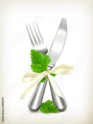 Table knife and fork with parsley, icon
