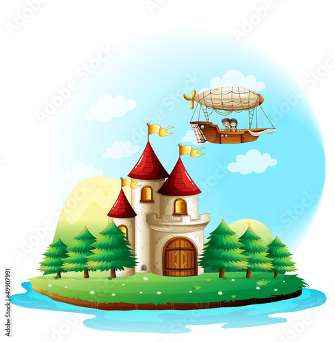 Two kids riding in an aircraft above the castle