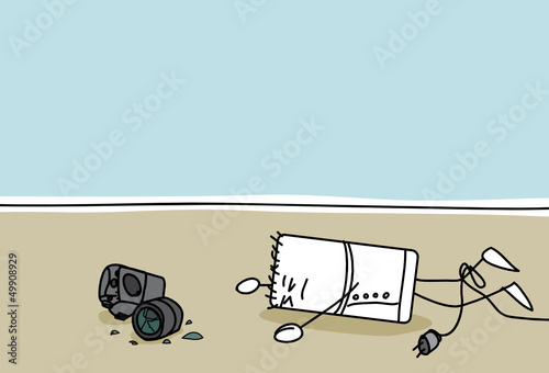 Personnage qui casse son appareil photo en tombant
