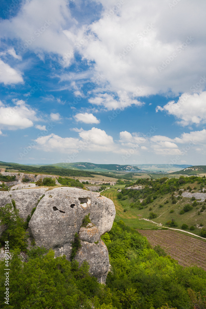 Mountains, sky and green fields in the Crimea