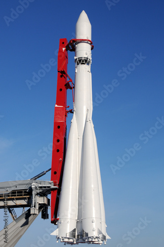 Russian space transport rocket against blue sky