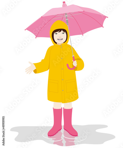 Young girl with pink umbrella and yellow raincoat on the puddle