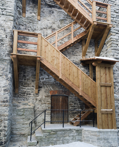 Tablou canvas Wooden stairs the leader on a medieval city wall in Tallinn