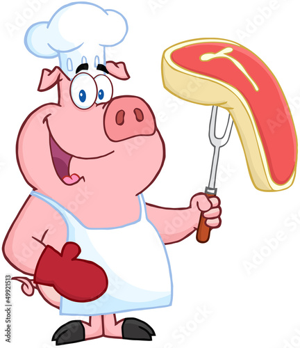 Happy Pig Chef Holding A Fork With Raw Steak
