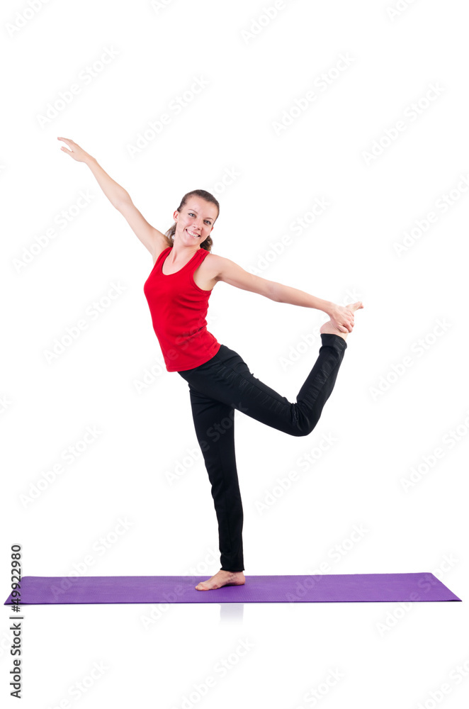 Young female doing exercises on white Young female doing exercises on white
