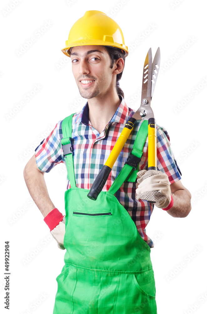 Man gardener with shears on white Man gardener with shears on white