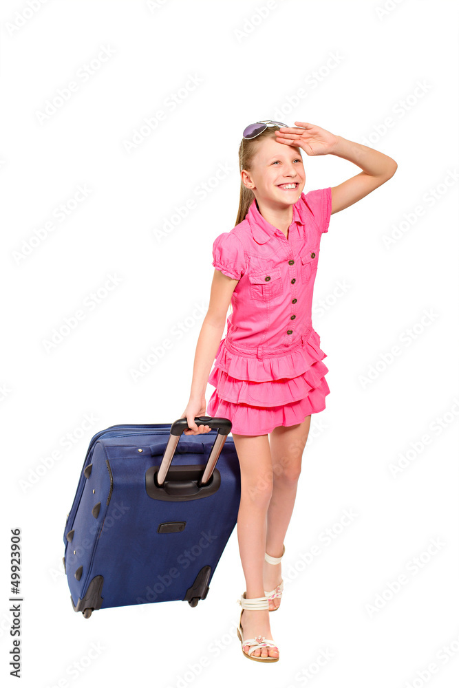 Smiling girl with suitcase and sunglasses Smiling girl with suitcase and sunglasses
