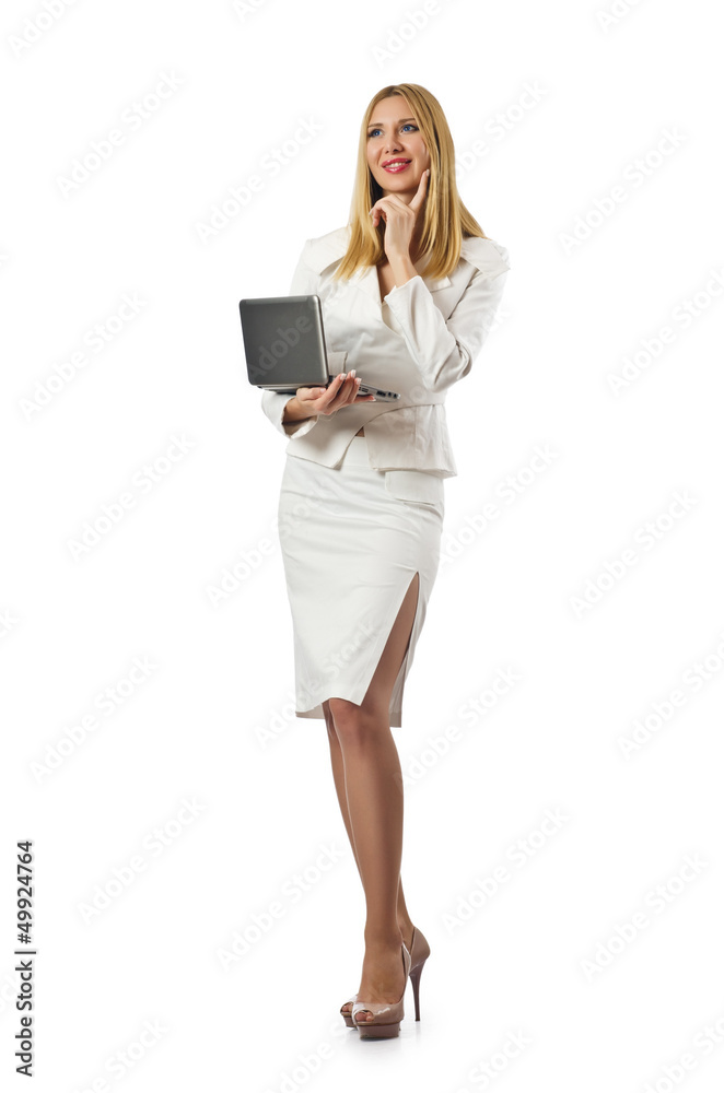Attractive businesswoman with laptop on white Attractive businesswoman with laptop on white