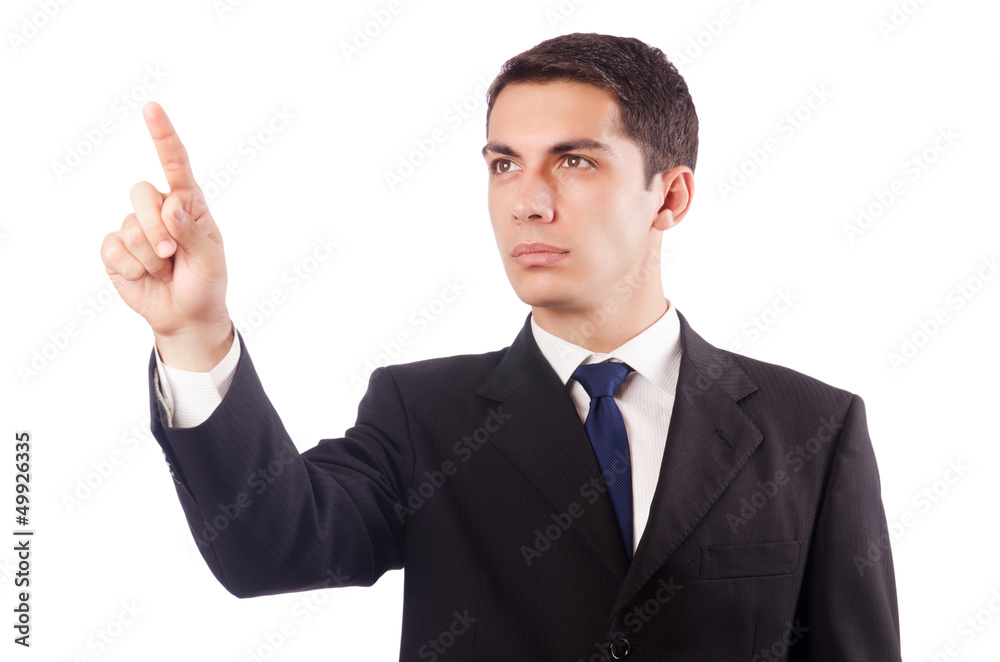 Young businessman pressing virtual buttons Young businessman pressing virtual buttons