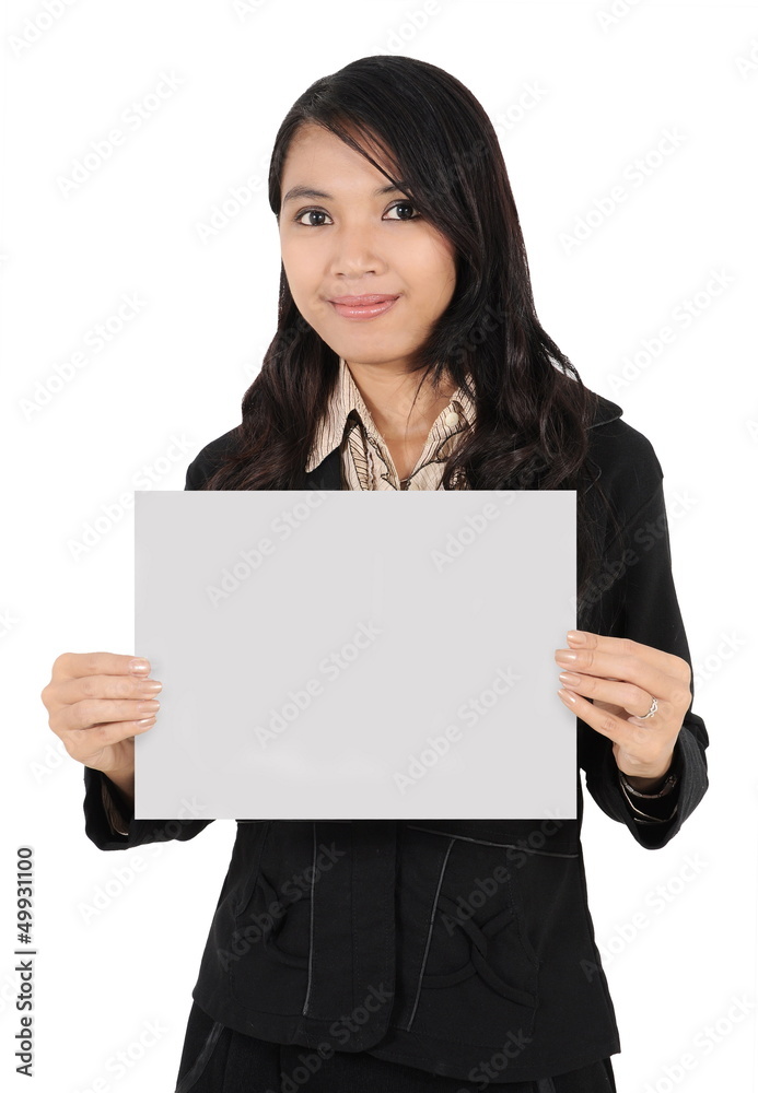 businesswoman holding blank paper isolated on white businesswoman holding blank paper isolated on white