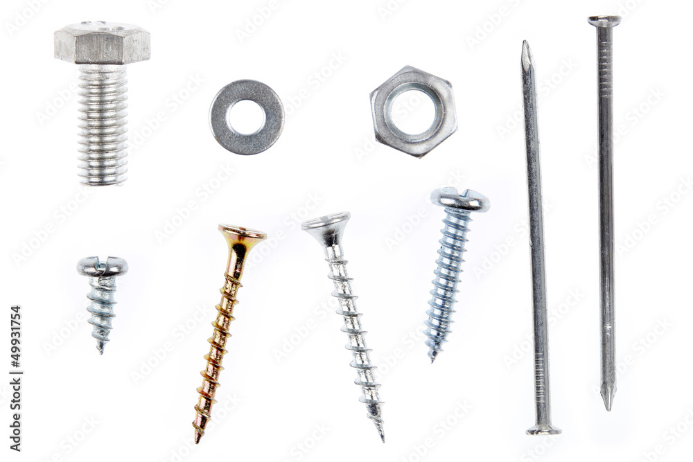 Nut, bolt, washer, screws and nails isolated on white. Loose parts Nut, bolt, washer, screws and nails isolated on white. Loose parts