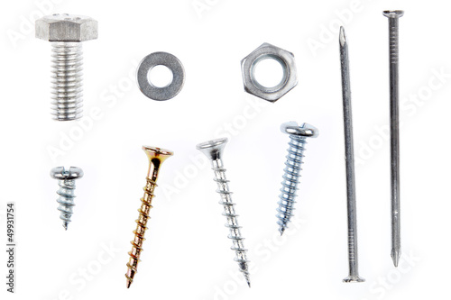 Nut, bolt, washer, screws and nails isolated on white. Loose parts