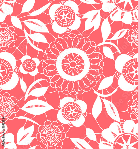 Pink and white floral crochet lacy seamless pattern, vector