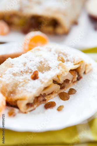 traditional apple strudel on a white plate