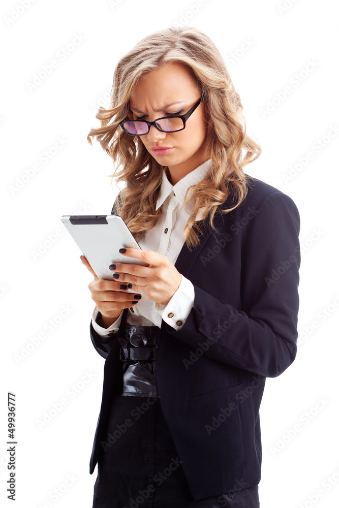thoughtful businesswoman working with tablet thoughtful businesswoman working with tablet