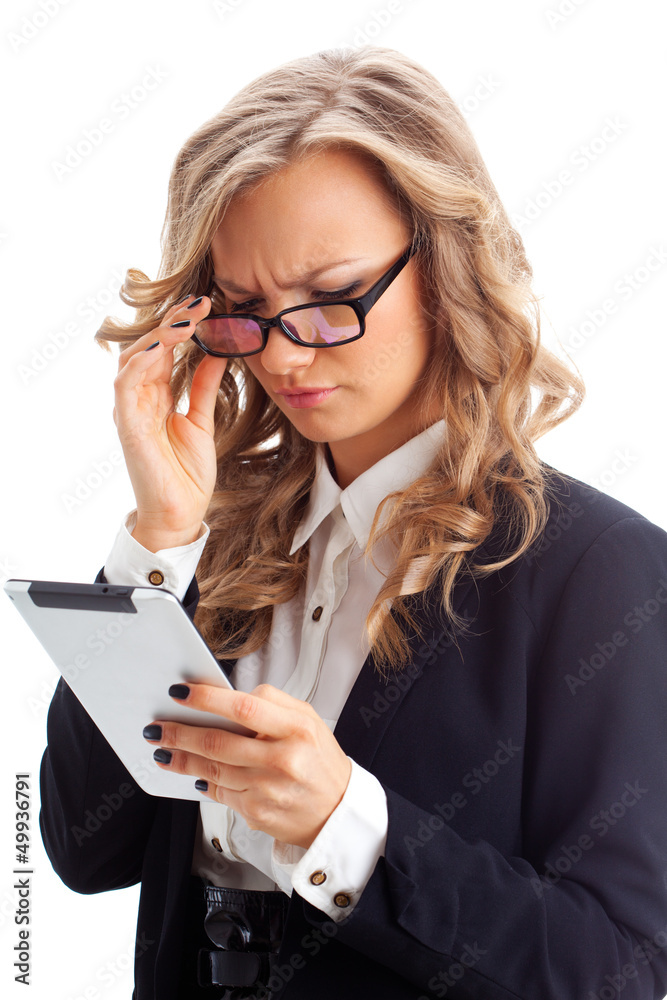 thoughtful businesswoman working with tablet thoughtful businesswoman working with tablet
