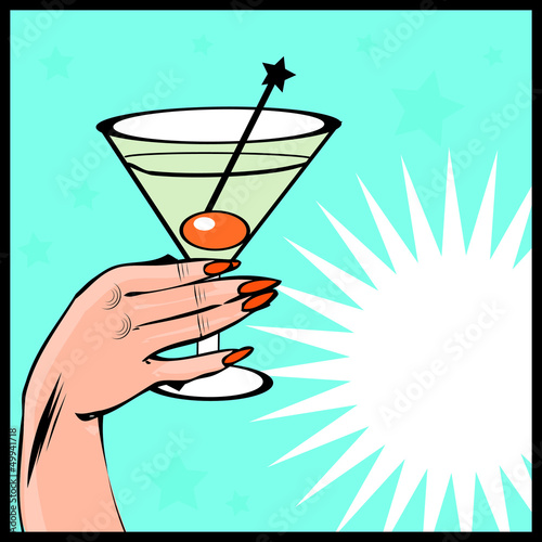Vintage background Coctail with hand - pop art comic style