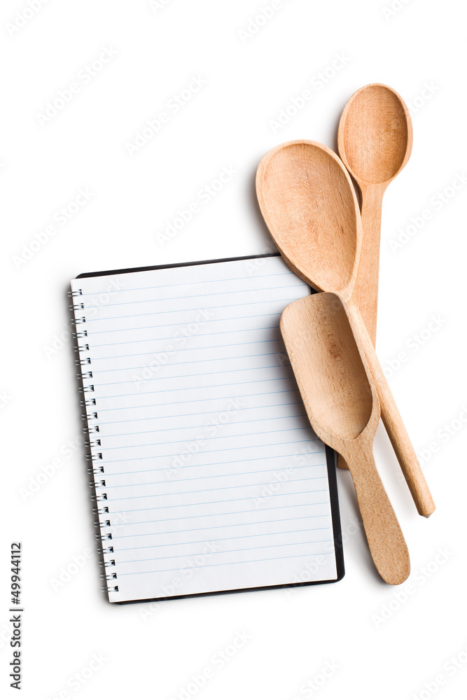 blank recipe book with kitchen utensils