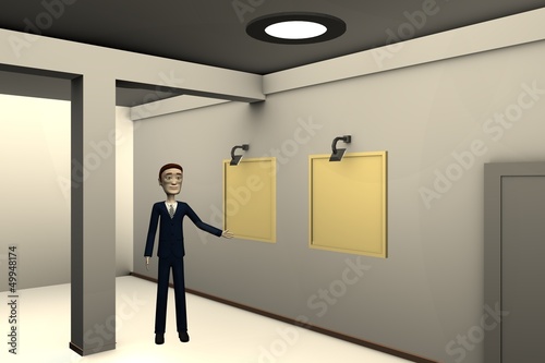 3d render of cartoon character in gallery