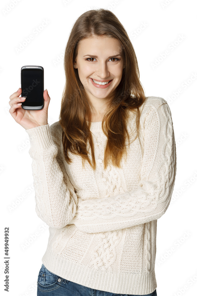 Fototapeta premium Happy young woman showing her mobile phone