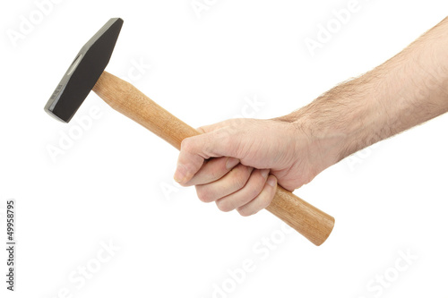 Hammer in hand on white, clipping path included