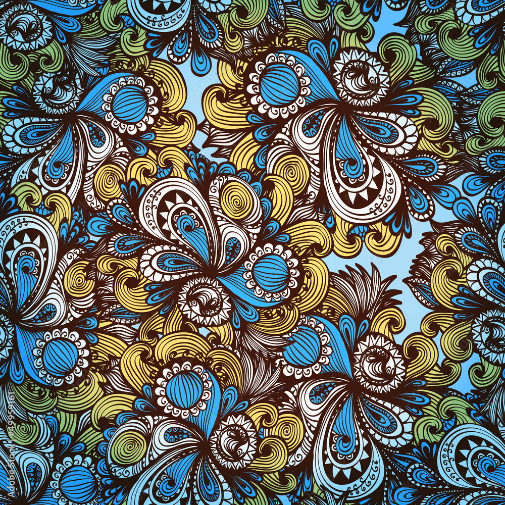 Seamless blue background with fantasy flowers and swirls. Eps10