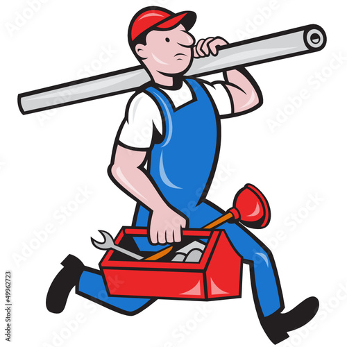 Plumber With Pipe Toolbox Cartoon