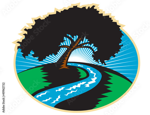 Pecan Tree Winding River Sunrise Retro