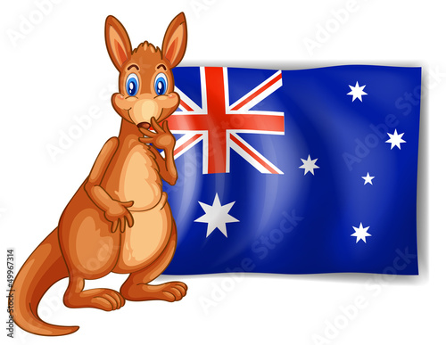 A kangaroo beside an Australian flag