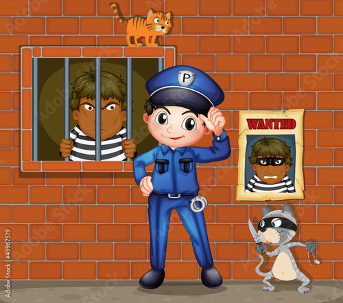 A policeman in front of a jail with two cats