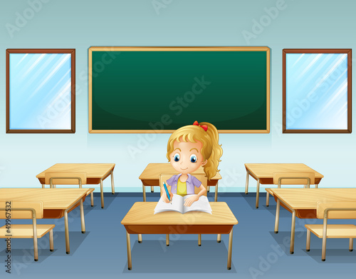 A girl writing with an empty board at the back
