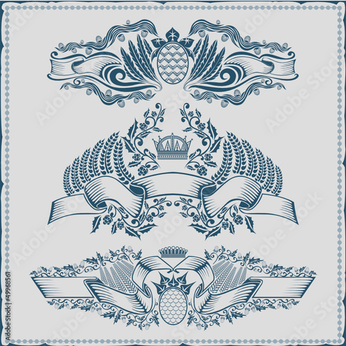 three beer label with ribbon grain hop element