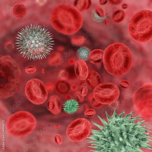 3d render of microscopic blood and virus cells