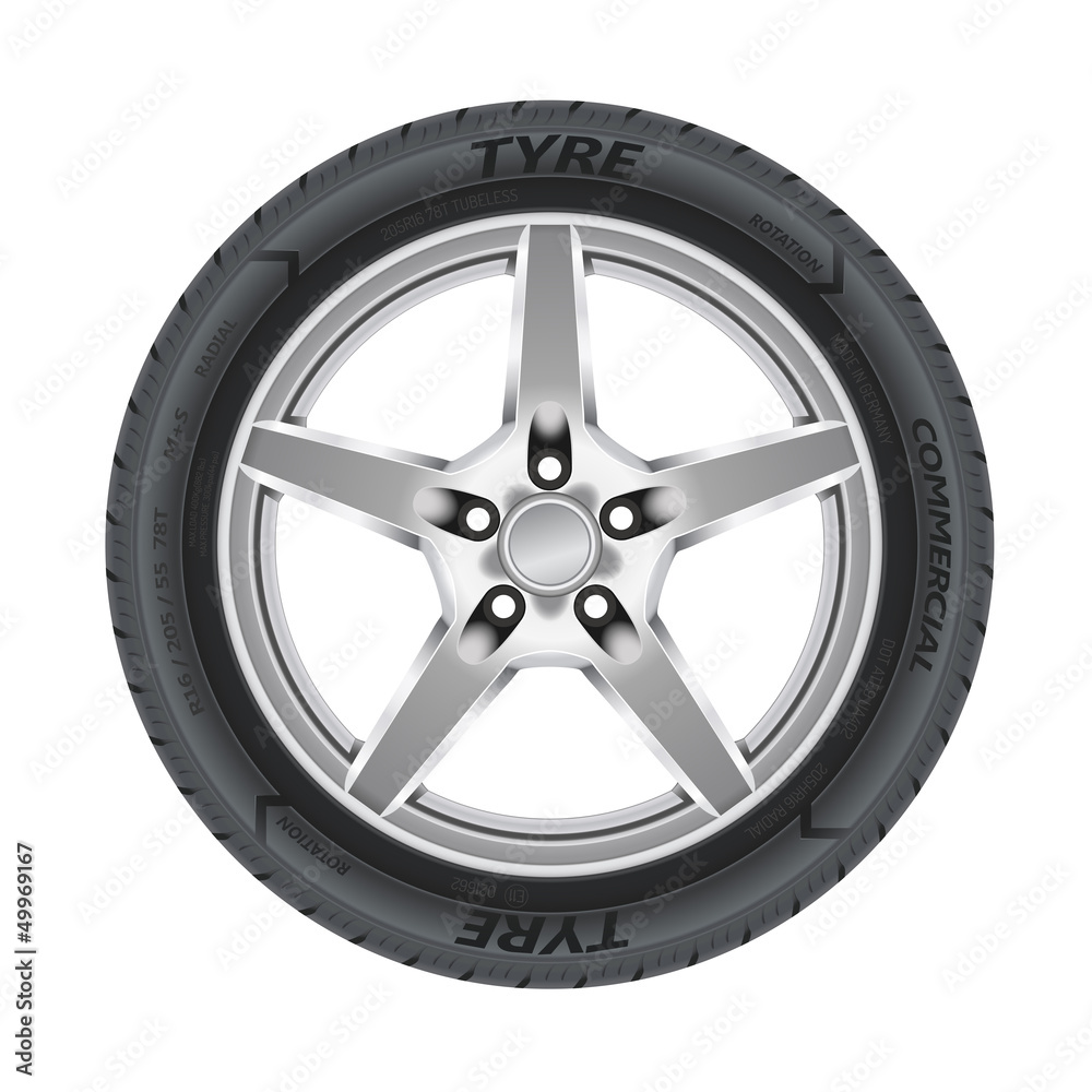 Detailed illustration of alloy car wheel with a tire