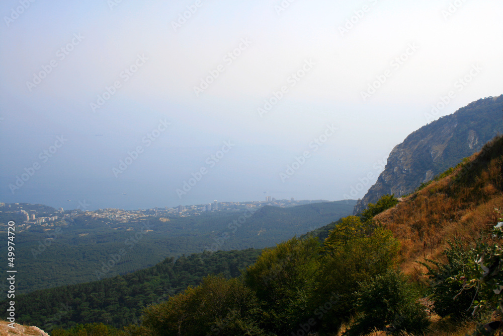 Top of the mountain with green forest above