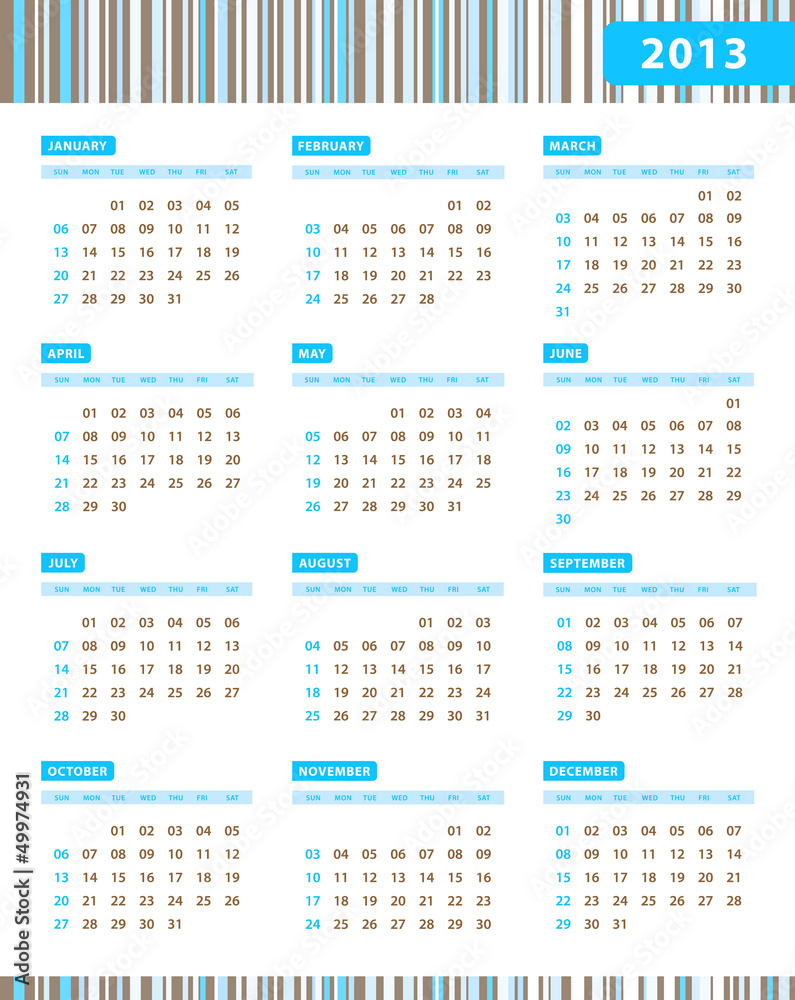 Annual Calendar for 2013 Year with blue stripes Annual Calendar for 2013 Year with blue stripes