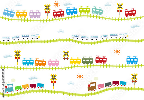 子供向け可愛い踏切のある線路を走る電車 #49976352