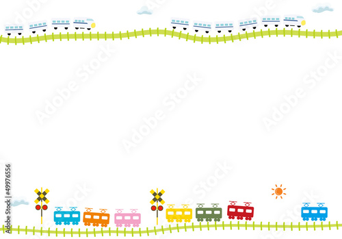 子供向け可愛い踏切のある線路を走る電車