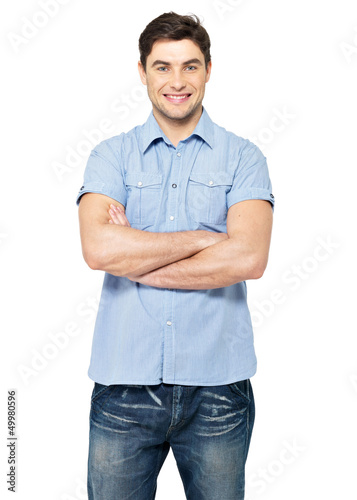 Portrait of happy man in blue casual shirt