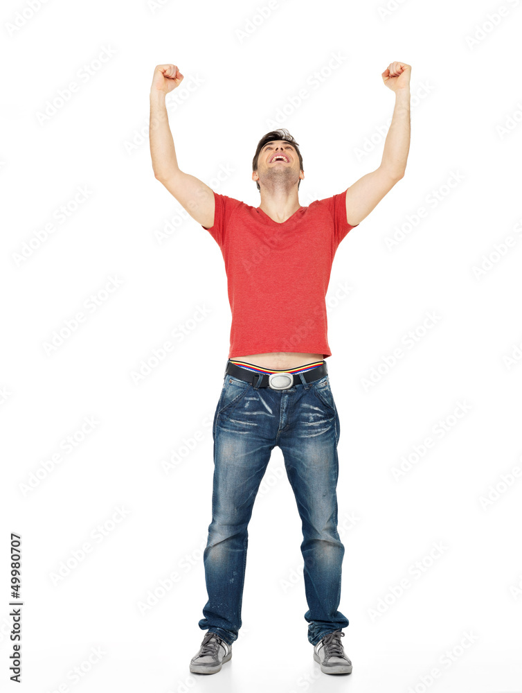 man with in casuals with raised hands up isolated man with in casuals with raised hands up isolated