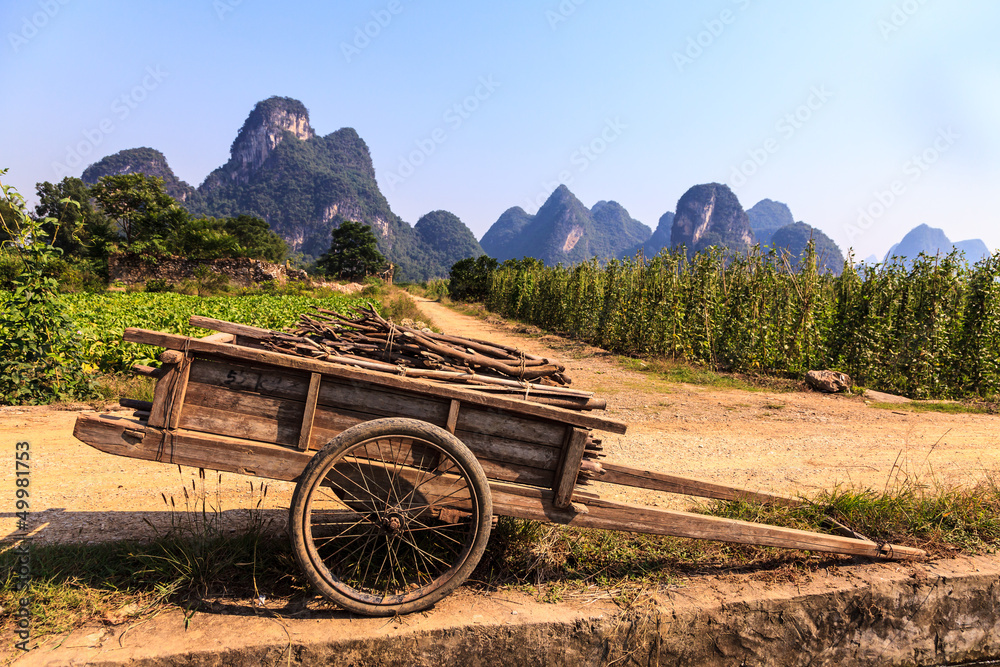 Fototapeta premium Chariot with branches in a limestone valley landscape